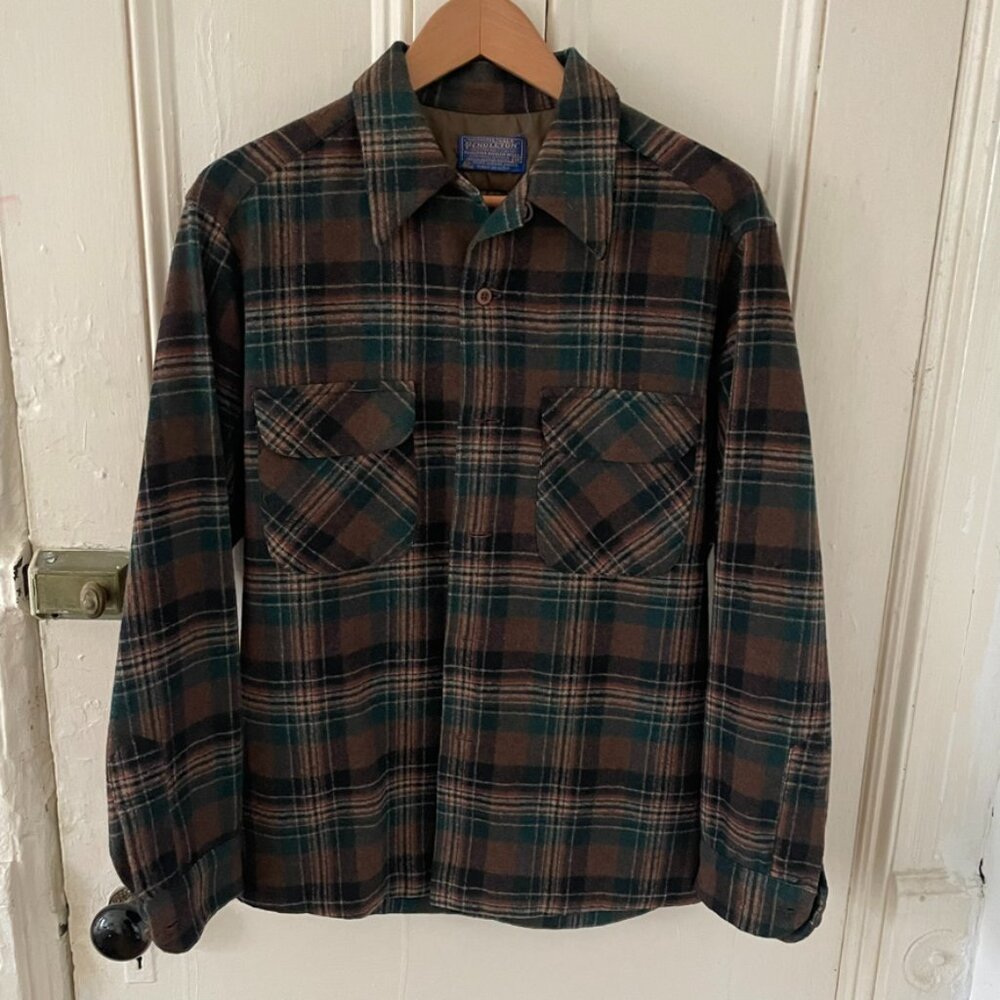 Vintage 60s/70s Pendleton Wool Flannel Shirt Men’s Medium Brown Tan Green USA Ma